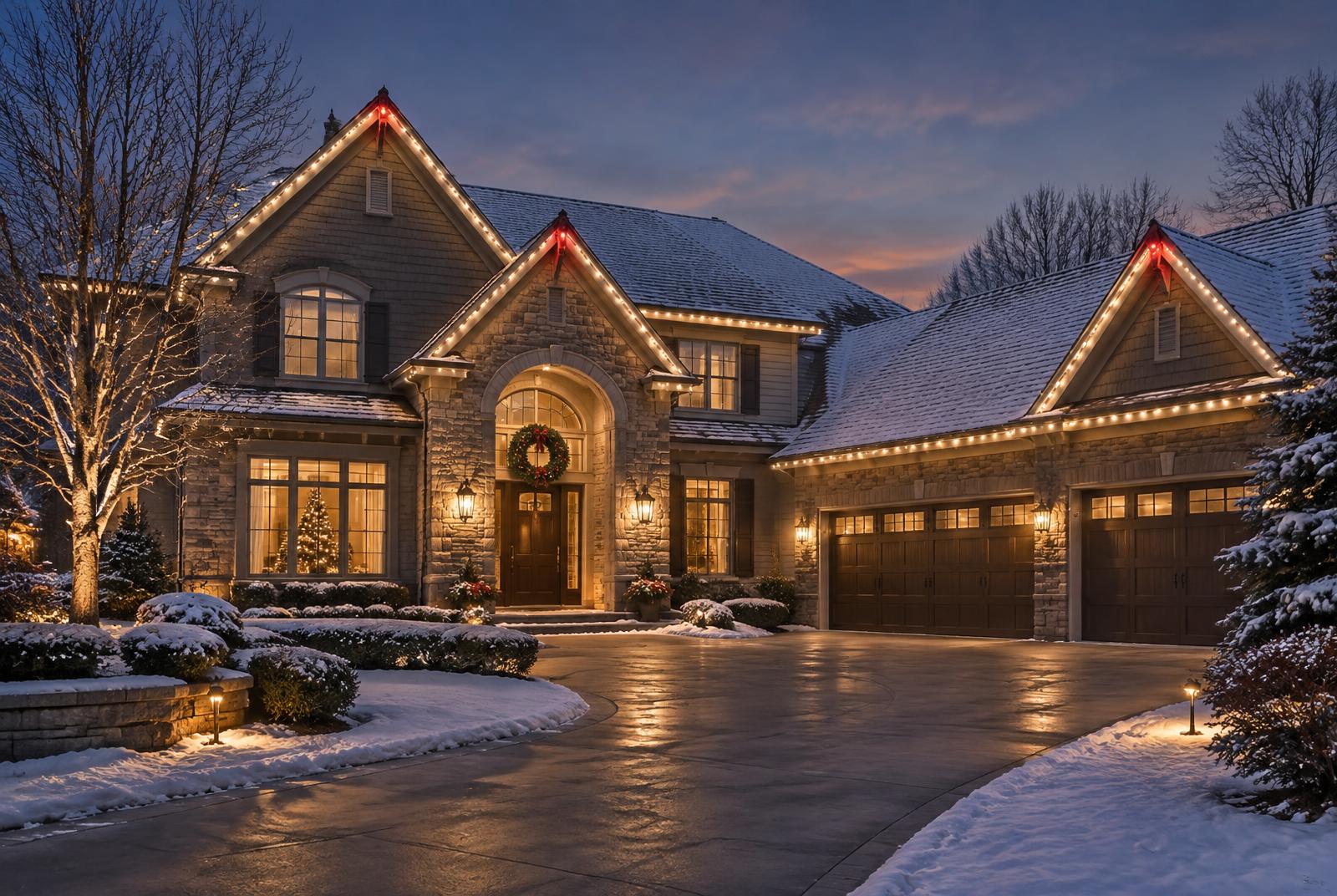 Warm white holiday lighting on a home