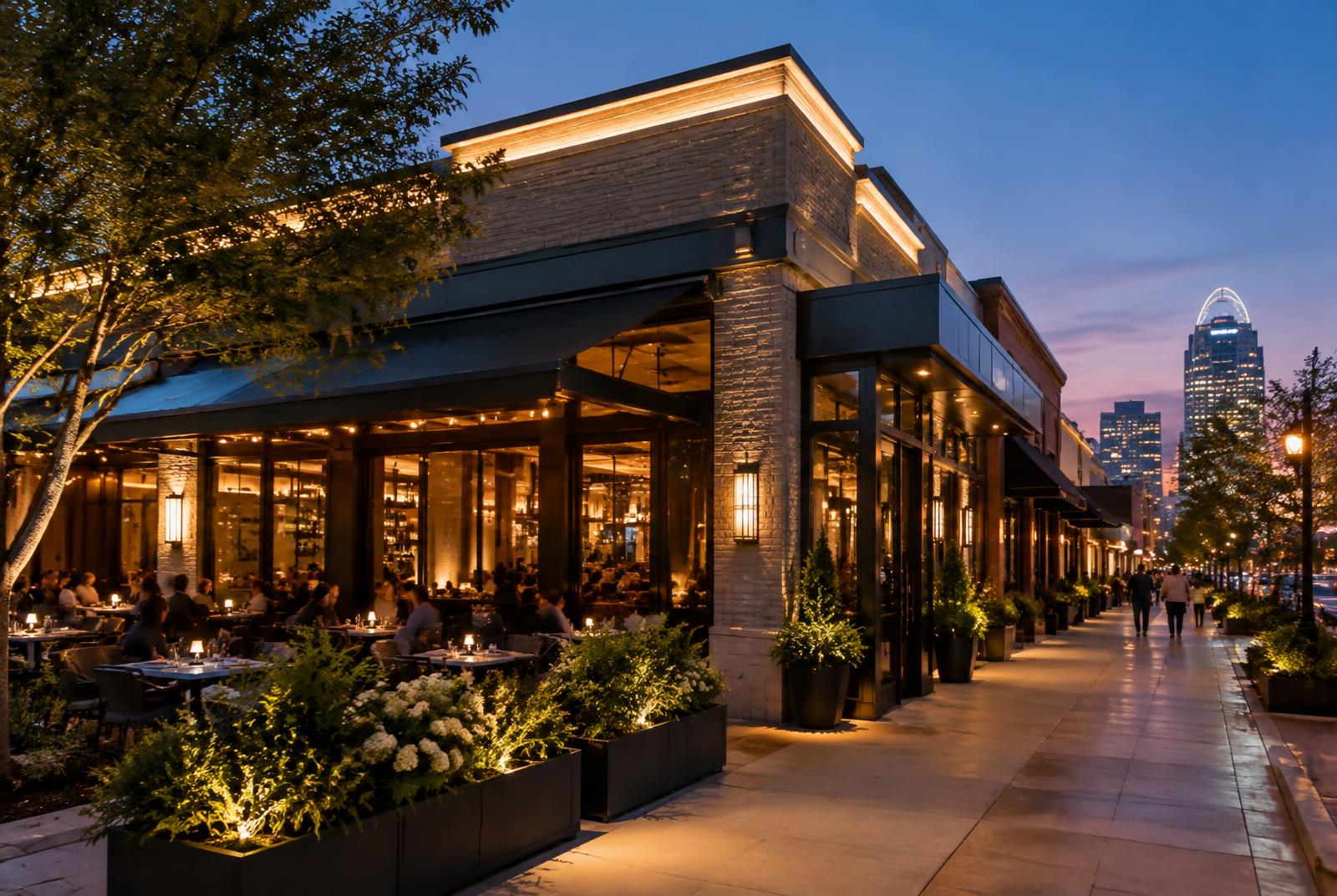 A Cincinnati commercial property with warm architectural lighting