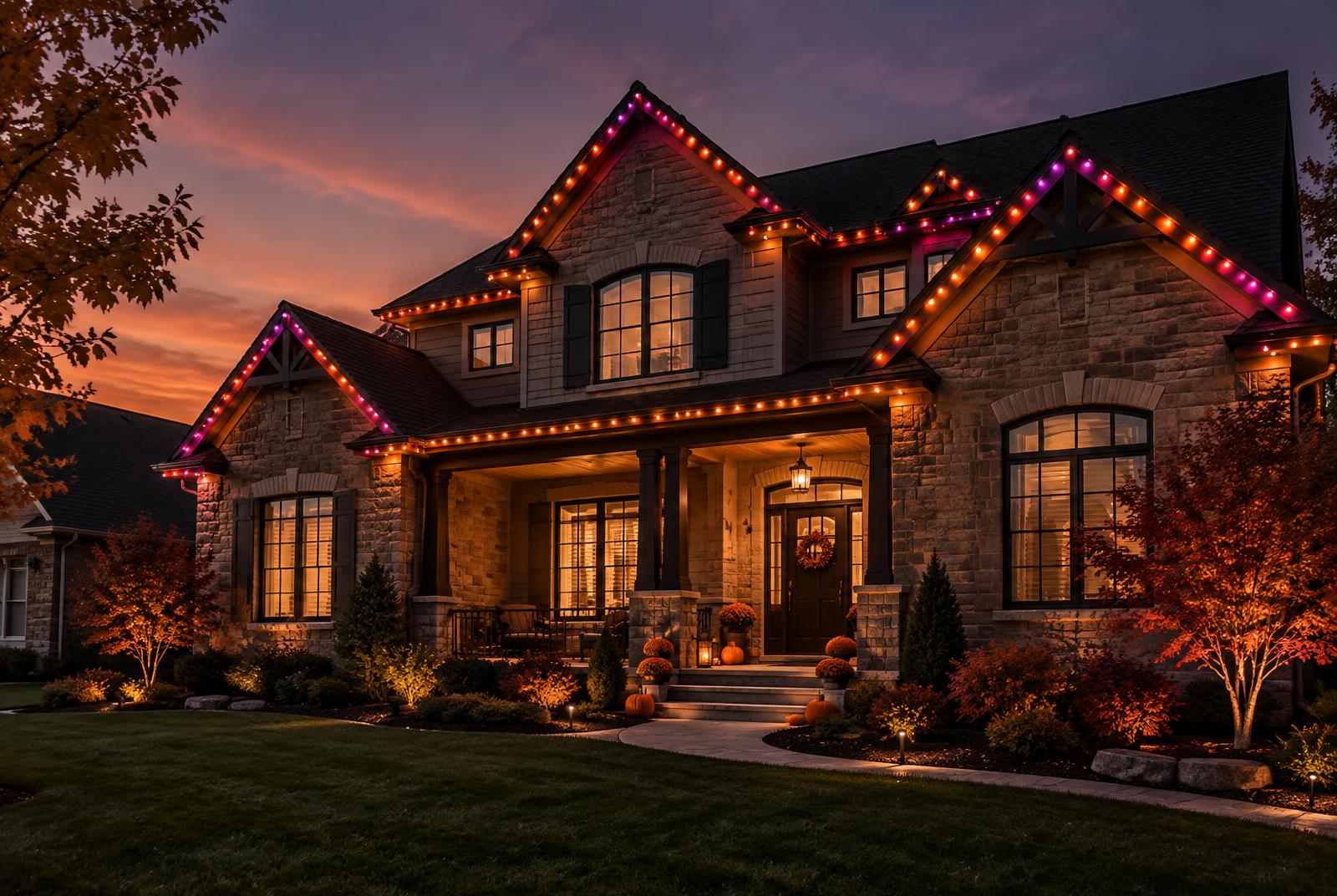 A property illuminated in a warm Halloween lighting scene
